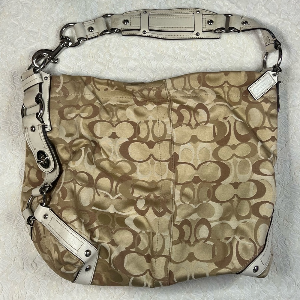 Vintage Coach Tan & Cream Monogram Shoulder Bag with Signature Style